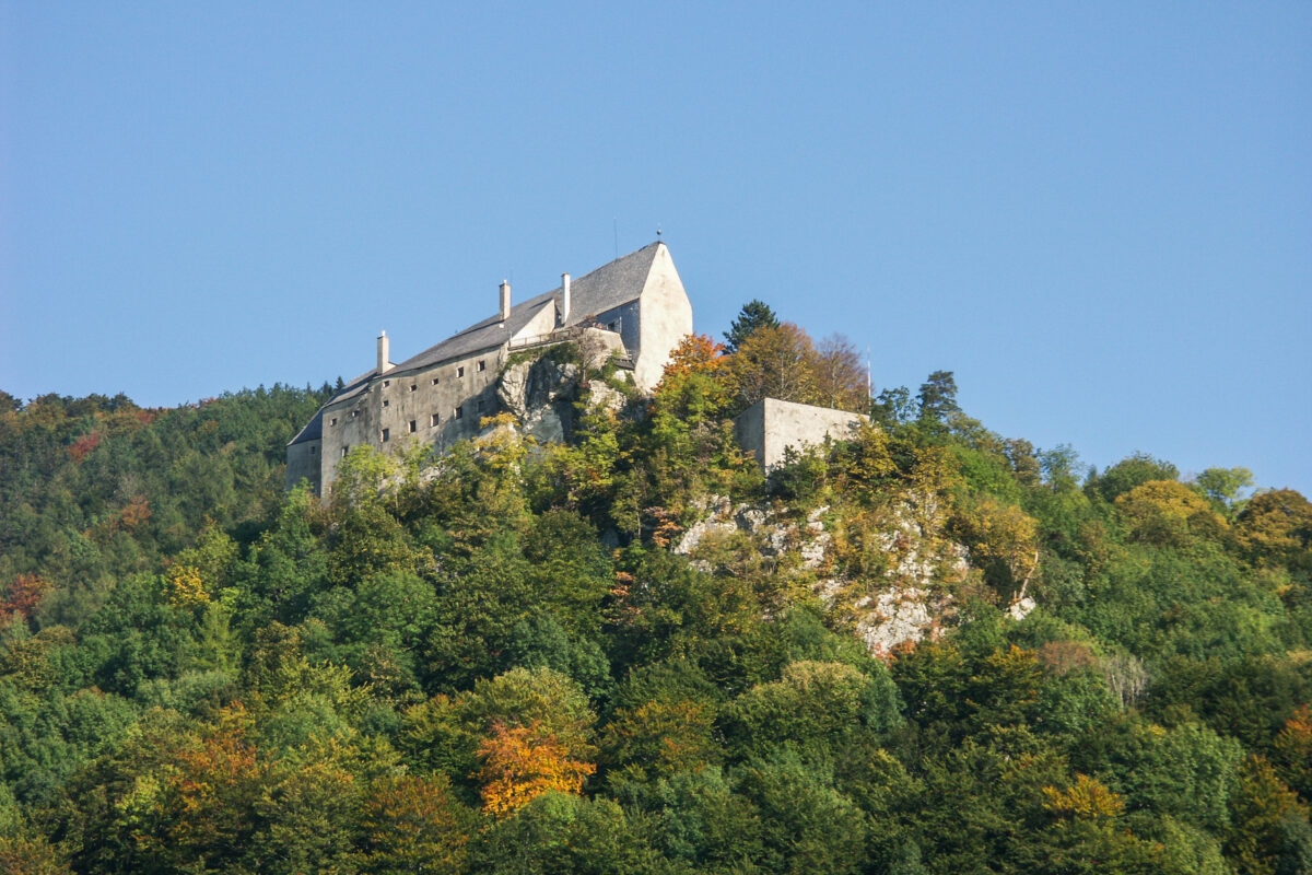 Blick von unten auf die Burg Altpernstein, die umgeben von Wald auf einem Hügel thront.