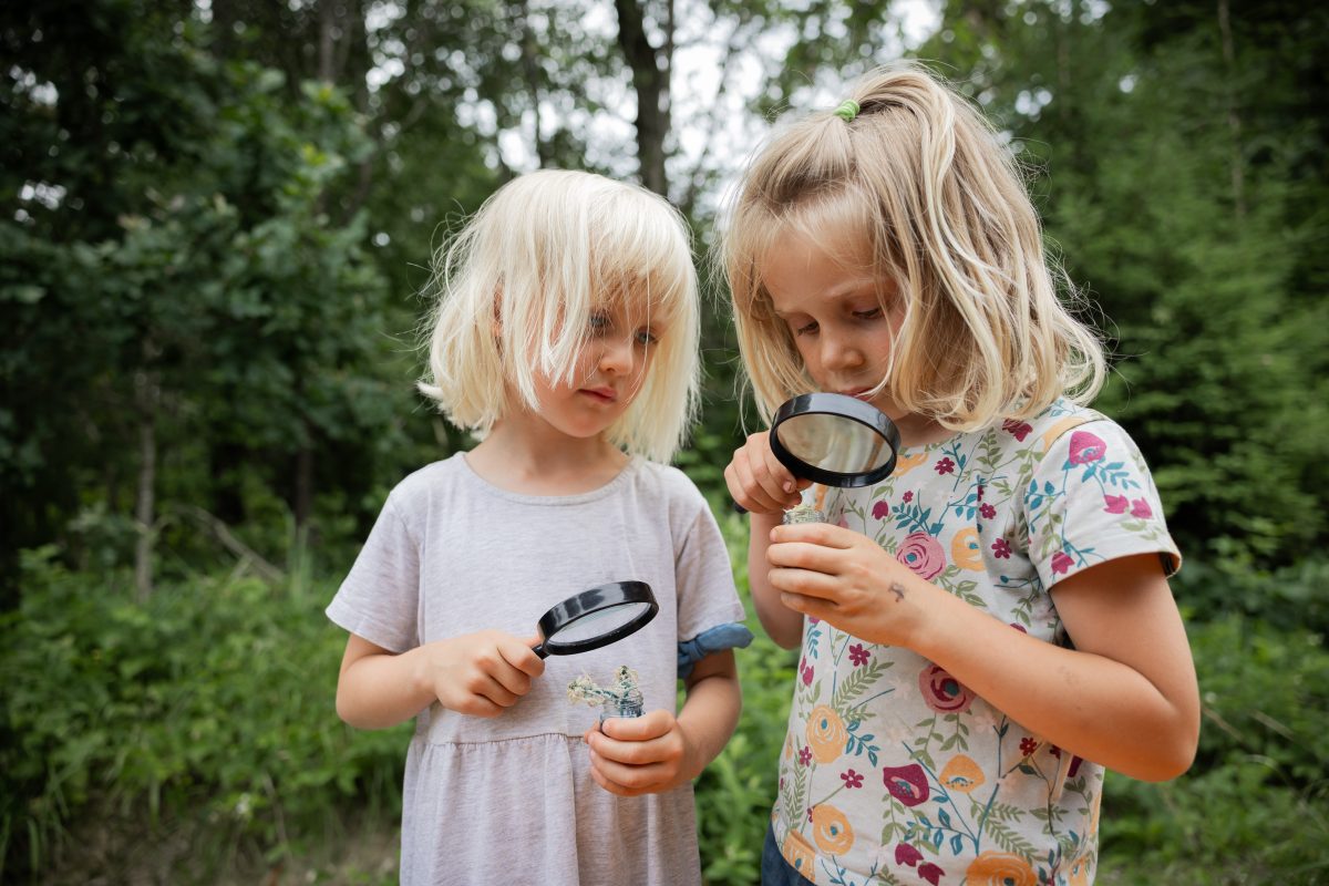 2 Kinder betrachten mit Lupe Pflanzen